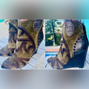 VERO CURIO KHAKI STUDDED SUEDE & BROWN LEATHER DETAILED ANKLE BOOT SIZE 6